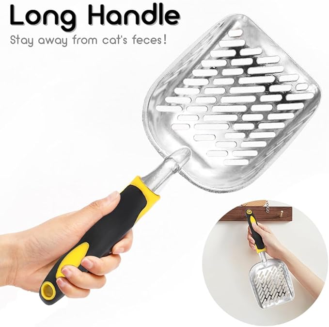 Cat Litter Scoop-Metal Cat Scooper-Long Handle Scoop,Cat Scooper-Poop Sifting-Mesh Shovel-Suitable for Cat Litter Box, (Yellow)-Mewly Pet