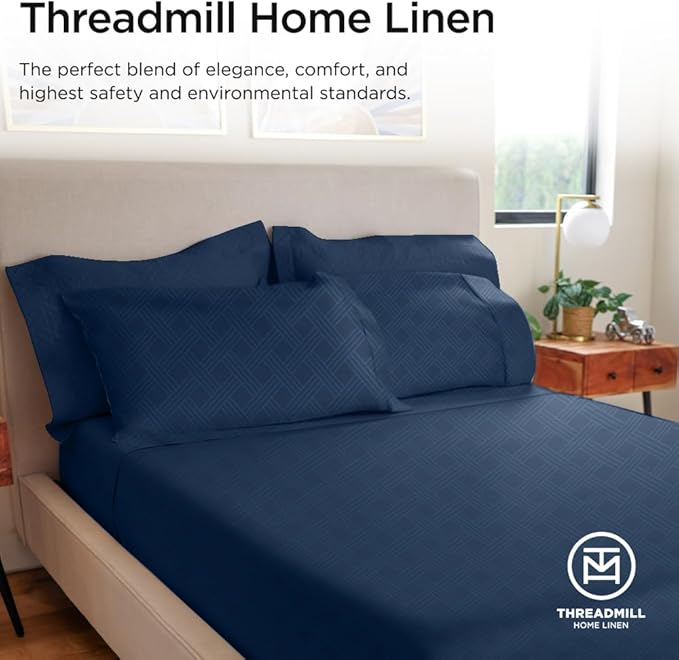 Threadmill Luxury Full Size Sheets for Full Size Mattress | 800 Thread Count Cotton sheets | Jacquard Celine Folkstone Blue| Better Than Egyptian Cotton| 4 Pc Bed Sheets | With Elasticized Deep Pocket