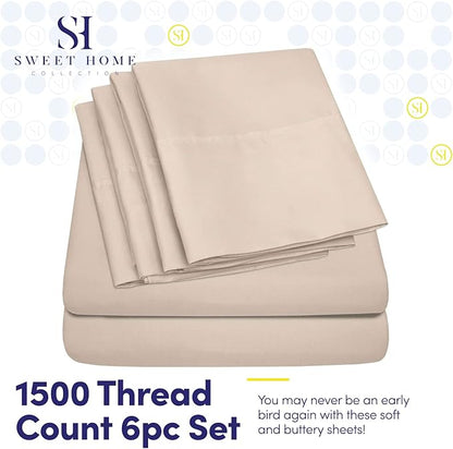 Sweet Home Collection 6 Piece 1500 Supreme Collection Brushed Microfiber Deep Pocket Sheet Set-2 Extra Pillow Cases, Great Value, Rv Short Queen, Beige