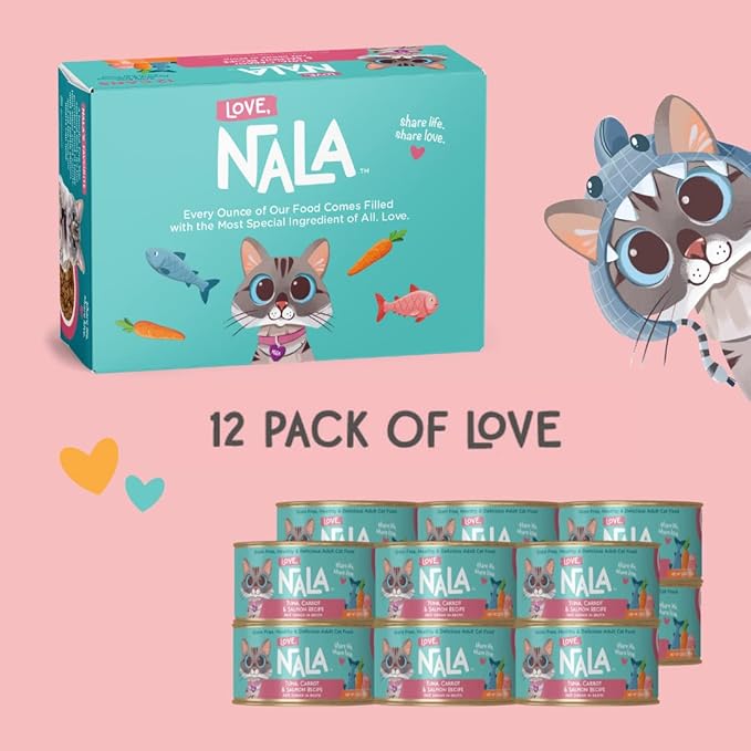 LOVE, NALA - Natural Adult Cat Wet Food - Pate Tuna, Carrot, & Salmon Recipe - Grain Free, Non-GMO, Digestive Fiber Blend, Minerals, Vitamins - 12 Pack 2.4 lbs.-Mewly Pet