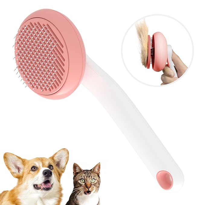 Slicker Brush for Cats & Dogs, Pet Grooming Self Cleaning Brush for Shedding, Cat Deshedding Brush Easily Removes Tangles Hair and Loose Undercoat, Pink-Mewly Pet