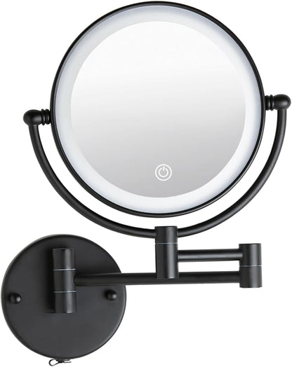 Wall Mounted Makeup Mirror with Lights and 10X Magnification, 8" Rechargeable Double Sided Touch Dimmable Foldable Extended Arm 360 Rotation for Bathroom, Matt Black