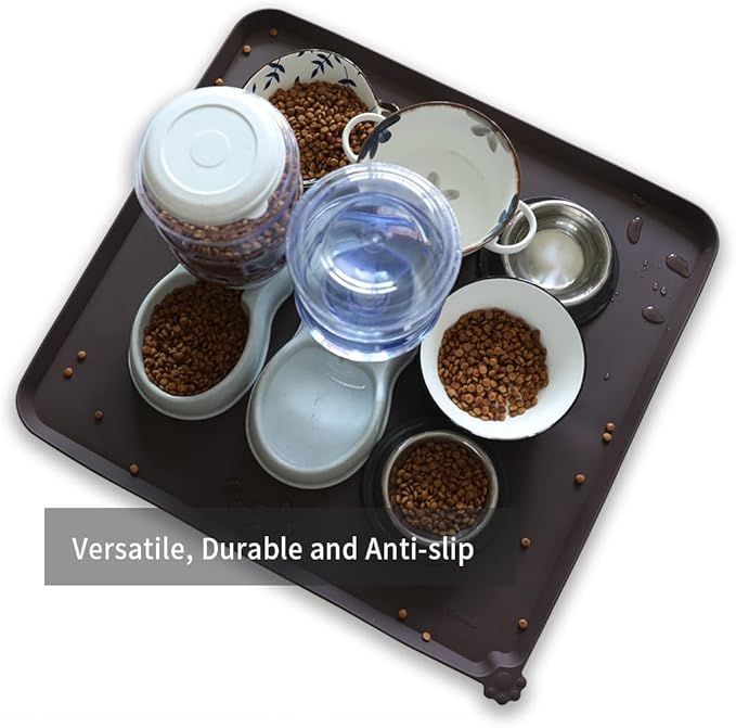 Hoki Found XX-Large Silicone Pet Food Mats - Non Slip Cat Dog Bowl Mats - Waterproof Dog Cat Food Tray - Dark Oak-Mewly Pet