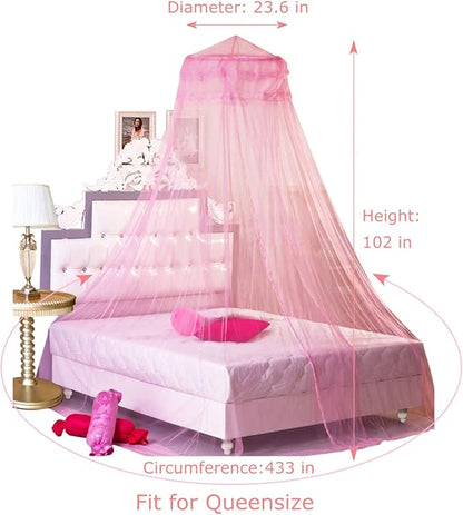 BCBYou Pink Princess Bed Canopy Netting Mosquito Net Round Lace Dome for Twin Full and Queen Size Beds Crib with Jumbo Swag Hook