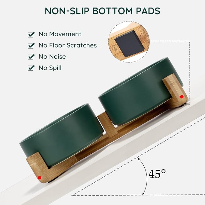 SPUNKYJUNKY Ceramic Dog and Cat Bowl Set with Wooden Stand, Modern Cute Weighted Food Water Set for Large Size Dogs (7.6 Cups, 2 × Green)-Mewly Pet