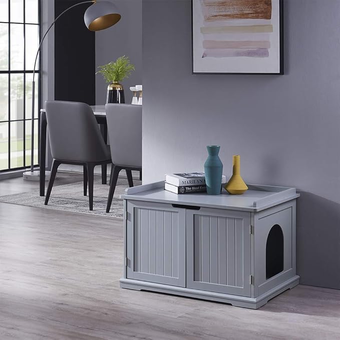 unipaws Cat Litter Box Enclosure Furniture, Cat Washroom, Hidden Litter Box Cover, Cabinet for Large Cat, Dog Proof Cat Litter Boxes, Hideaway Litter Box, Cat House, Grey-Mewly Pet