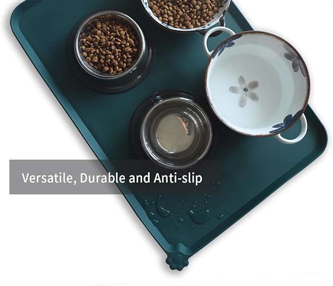 Hoki Found Large Silicone Pet Food Mats - Non Slip Dog Cat Bowl Placemats - Waterproof Dog Cat Food Mats - Dark Cedar-Mewly Pet