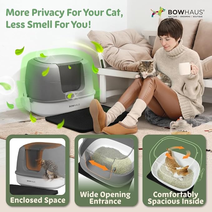 Detachable Cat Litter Box with Lid, 3-in-1 Cat Toilet of Cats, Large Space Anti-Leakage Gato Litter Box with Scoop, Mat & Odor Fitter, Beige/Pink-Mewly Pet