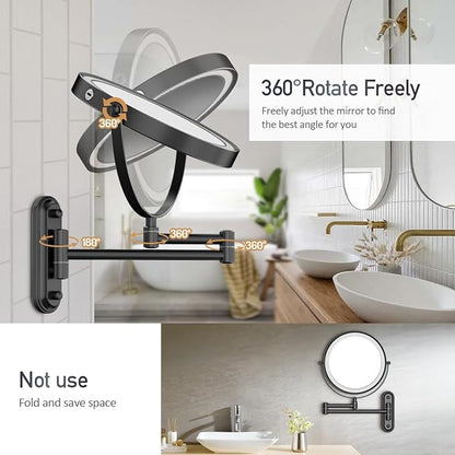 Rocollos Rechargeable Lighted Wall Mounted Makeup Mirror with 3 Color Lights,Dimmable Touch Screen,8 Inch LED Double Sided 1X/10X Magnifying 360°Flexible 13 Inch Retractable