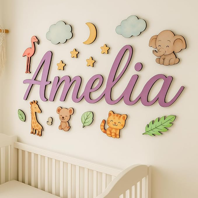 Custom Nursery Name Sign with Themed Decor Kit | Personalized Wooden Wall Art for Baby, Kids Room | Space, Jungle, Circus, Under The Sea, Woodland, Rainbow (30", Jungle/Safari)