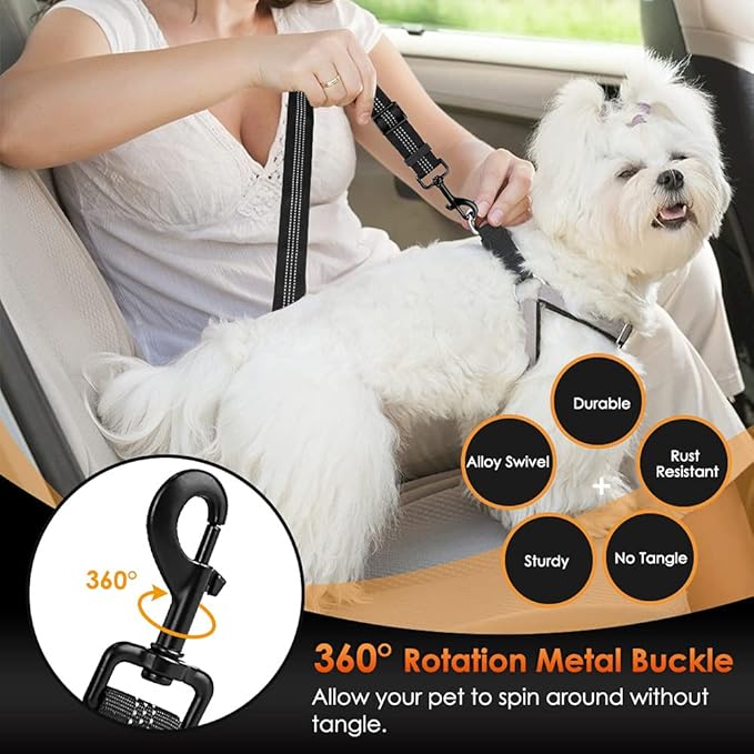 SlowTon Dog Seat Belt, Adjustable Dog Safety Belt Leash, 2 in 1 Latch Bar Attachment Dog Car Seatbelt with Elastic Nylon Bungee Buffer, Reflective Nylon Belt Tether Connect to Dog Harness (2Black)-Mewly Pet