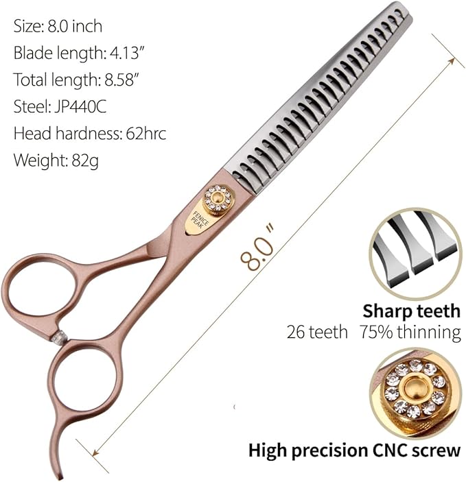 Fenice Peak Thinning Shears for Dogs and Cats Rose Gold Pet Grooming Scissors Chunkers Shears 440C Stainless Steel Professional Dog Trimming Scissors 8''-Mewly Pet