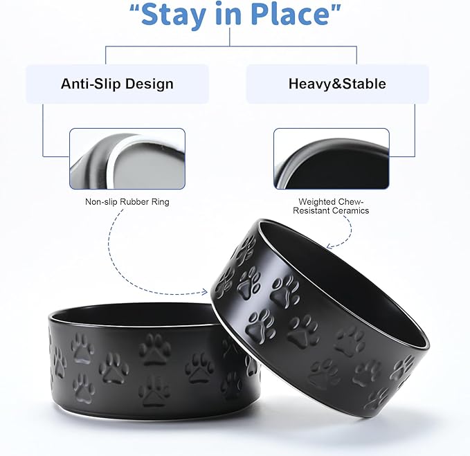 SPUNKYJUNKY Ceramic Dog and Cat Bowls 2 Pack, 6.1'' Dog and Cat Food Water Double Feeding Bowls Non-Slip for Large Sized Breed Microwave Dishwasher Safe - 28.7 OZ, 2pcs, Paw Black-Mewly Pet