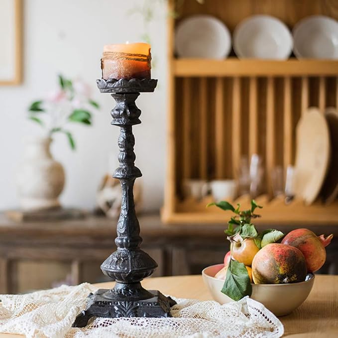 Sungmor Heavy Duty Cast Iron Candlestick Holders - Handcrafted Vintage Candelabra - 37CM/15Inch Tall 1-Head Candle Holder - Decorative Pillar Candle Stand for Christmas Birthday Wedding Home Party