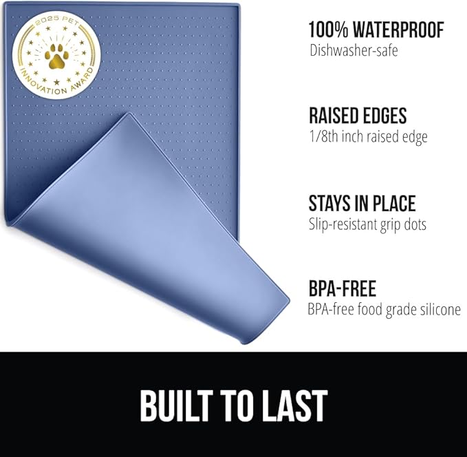 GORILLA GRIP 100% Waterproof Raised Edge BPA Free Silicone Pet Feeding Mat, Dog Cat Food Mats Contain Spills Protects Floors, Placemats for Cats and Dogs Water Bowl, Pets Accessories 16x10, Blue-Mewly Pet