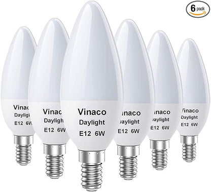 Vinaco E12 LED Bulb, 6 Pack E12 Candelabra Bulb 60 Watt Daylight White 5000K, High Brightness 600LM & 25000+ Long Lifespan E12 Bulb, E12 Candelabra Base, Light Bulb for Ceiling Fan Light Bulb…