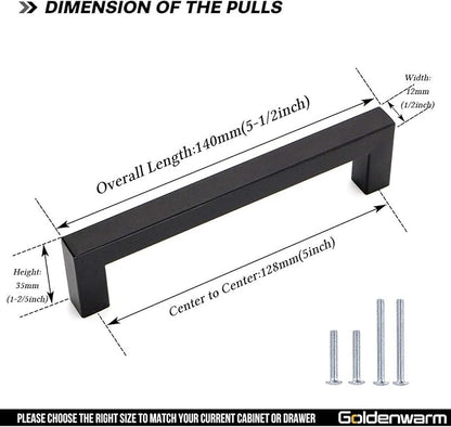 goldenwarm 200 Pack 5 Inch Black Cabinet Handles Matte Black Drawer Pulls Stainless Steel Cabinets Hardware Square Bar Modern for Kitchen Bathroom Cupboard