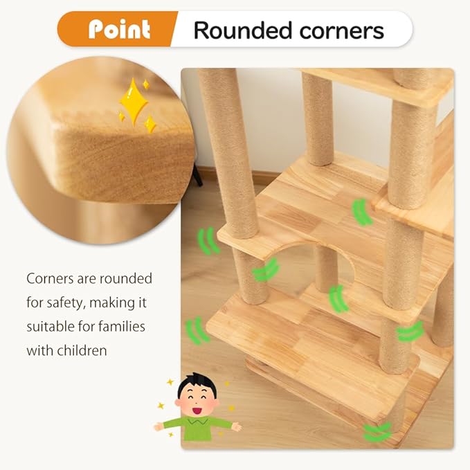 74" Wooden Cat Tree Tower for Large Cats, Multi-Level Cat Climbing Furniture with Scratching Posts, Cat Condo & Hammock, Natural Wood Cat Activity Center(Brown)-Mewly Pet