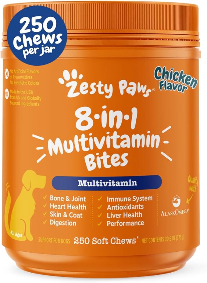 Zesty Paws Dog Multivitamin, Chewable Dog Vitamins and Supplements for Hip & Joints, Skin & Coat, Omega 3 Fish Oil for Dogs- Senior & Puppy Multivitamin - Chicken- 250ct-Mewly Pet