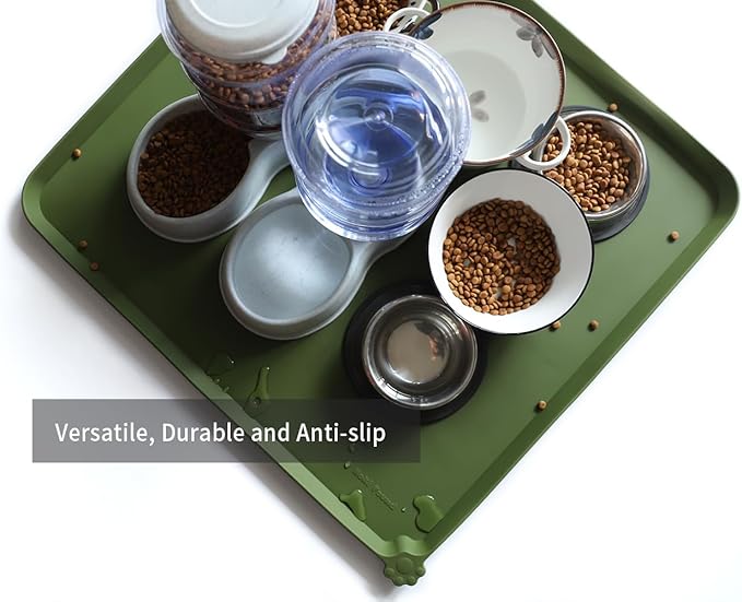 Hoki Found XX-Large Silicone Pet Feeding Mats - Non Slip Cat Dog Bowl Mats - Waterproof for Carpet - Dark Olive-Mewly Pet