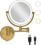 8" Wall Mounted Lighted Makeup Mirror with Magnification Rechargeable, 1X/10X Double Sided, 3 Color Lighting Touch Dimmable 360 Swivel Extendable Arm Vanity Shaving Mirror, Brushed Moderne Brass