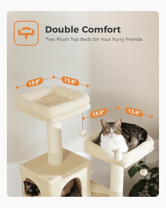 PAWZ Road 70 Inch Cat Tower, Tall Cat Tree with 2 Cozy Condos, 2 Plush Perch, Large Basket, 2 Scraching Pad & 6 Scraching Posts for Indoor Cats Large Adult, Beige-Mewly Pet