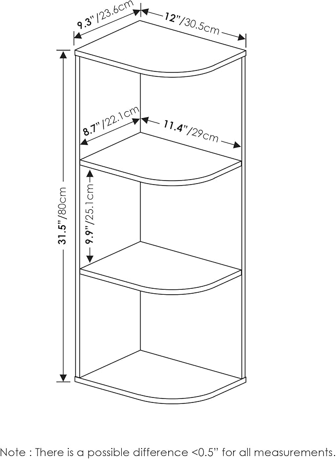 Furinno PASIR Book Shelf, 3-Tier Corner Bookshelf, Open Shelves Bookcase 9.3" x 12" x 31.5", for Living Room, Bedroom, Home Office, Blackwood