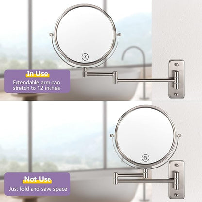 Wall Mounted Makeup Mirror, 1X/5X Magnifying Mirror Double Sided, 8 Inch Extendable Bathroom Mirror for Shaving, Nickel