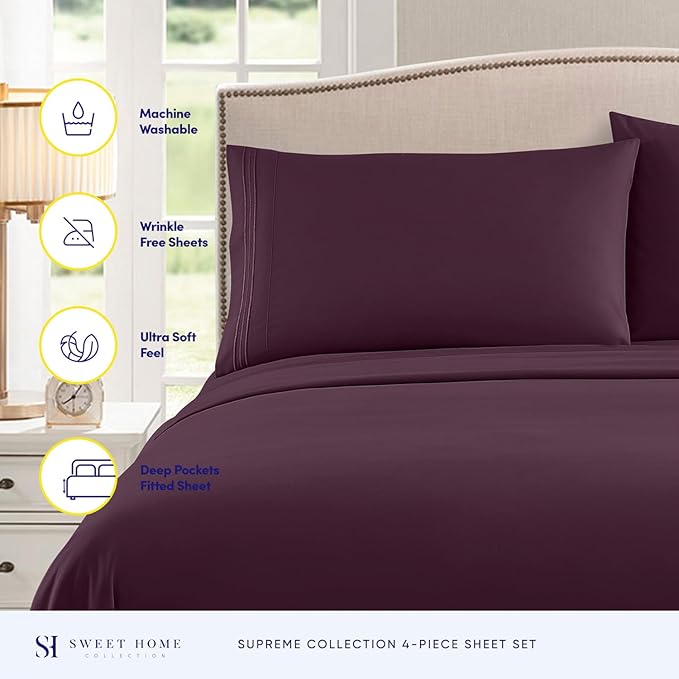 1800 Supreme Collection - Breathable Luxury Full Size Sheet Set with Full Elastic & Secure Corner Straps Built In, Extra Soft Deep Pocket Bedding, Purple