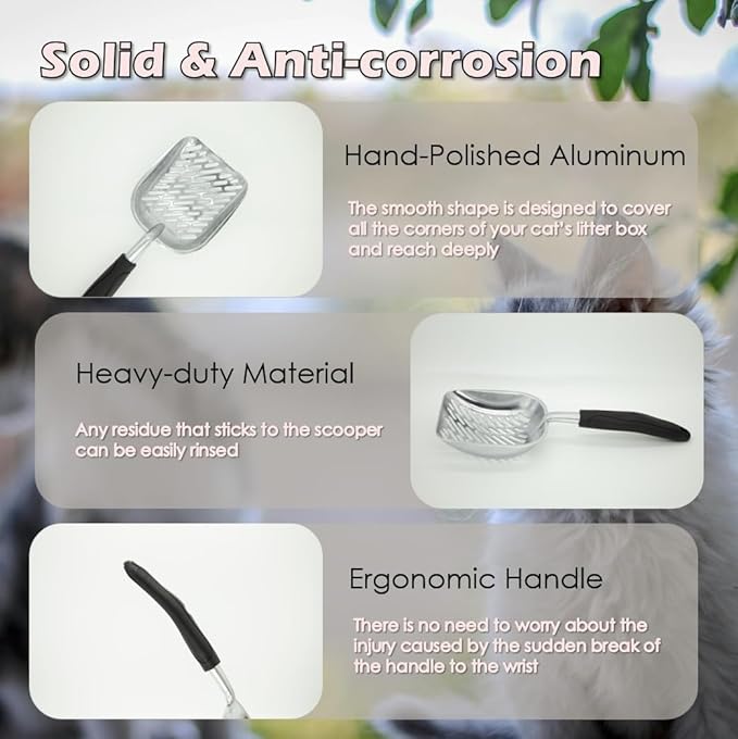 Full Metal Cat Litter Scoop with Holder – Heavy Duty Litter Scooper & Speed Sifter – Aluminum Cat Poop Scooper Captures All Clumps – Washable Stand for Easy Cleaning-Mewly Pet