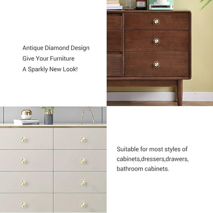 6-Pack 1-1/4-Inch Gold knob Dresser knobs White Cabinet Glass Crystal knobs Brass Drawer Polygonal Dresser Pulls, Drawer pulls