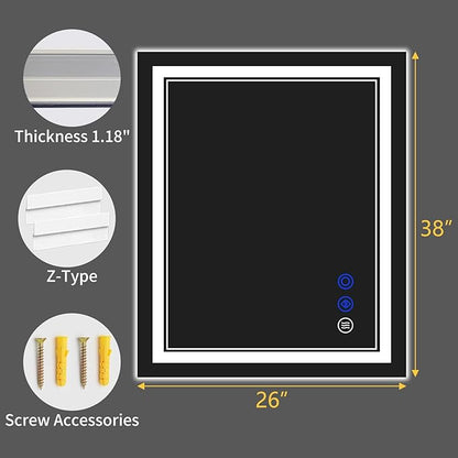 38"x26" LED Bathroom Mirror with Anti-Fog, Stepless Dimmable Lights, 3 Color Modes, Shatter-Proof Tempered Glass, Memory Function & Waterproof Design