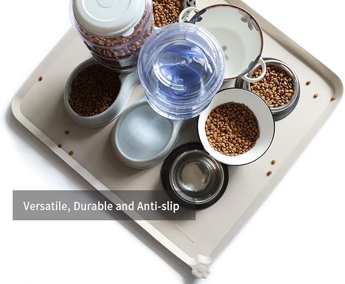 Hoki Found XX-Large Silicone Pet Feeding Mats - Non Slip Dog Cat Bowl Placemats - Waterproof for Carpet - Cream Brown-Mewly Pet