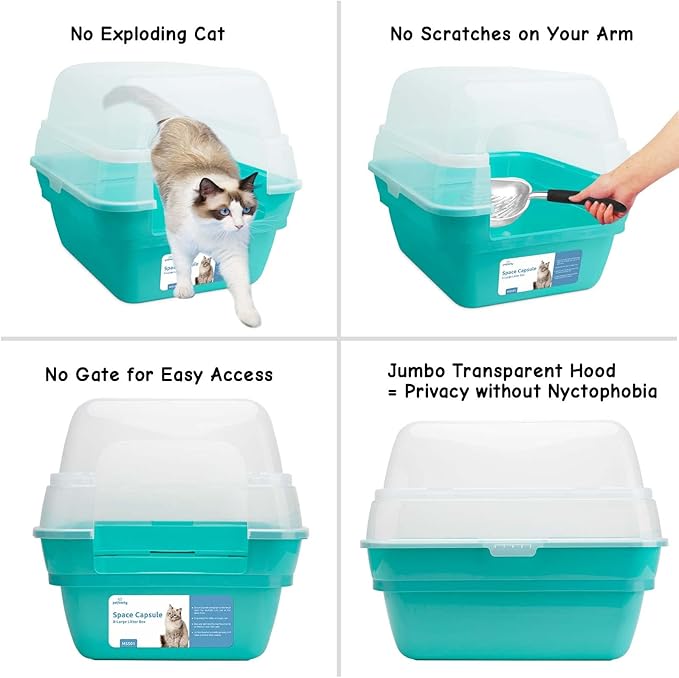 Petfamily Cat Litter Box, Large Foldable Jumbo Hooded Cat Litter Box with Transparent Lid (Teal)-Mewly Pet