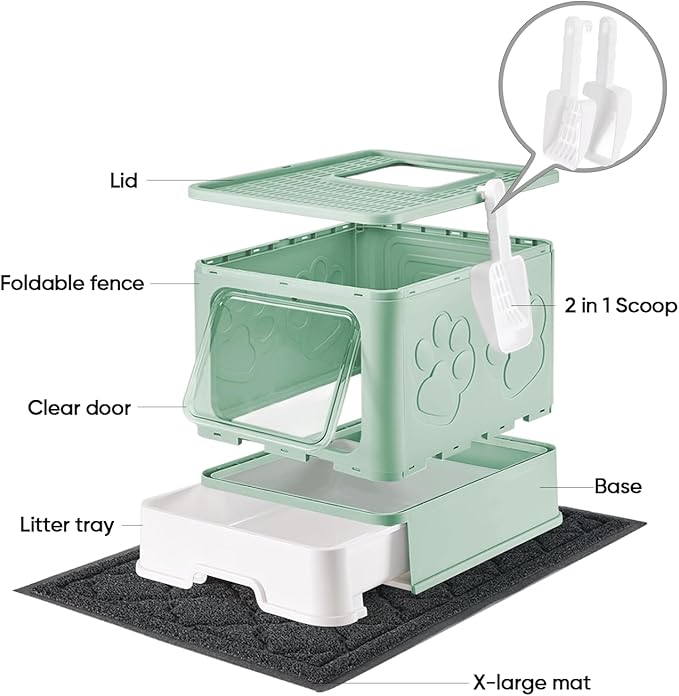 Cat Litter Box with X-Large Litter Mat and Scoop, Large Foldable Litter Box with Lid, Enclosed Kitty Box,Front Top Entry Exit, Odor Control Easy to Clean (Upgrade Green)-Mewly Pet