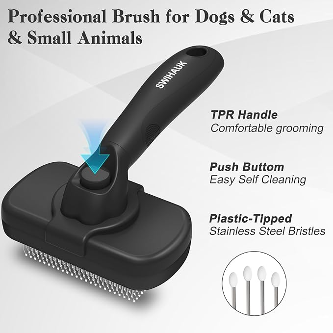 Swihauk Self Cleaning Slicker Brush for Dogs & Cats - Skin Friendly Deshedding and Grooming Brush for Haired Pets, Pet Supplies Accessory, Black-Mewly Pet