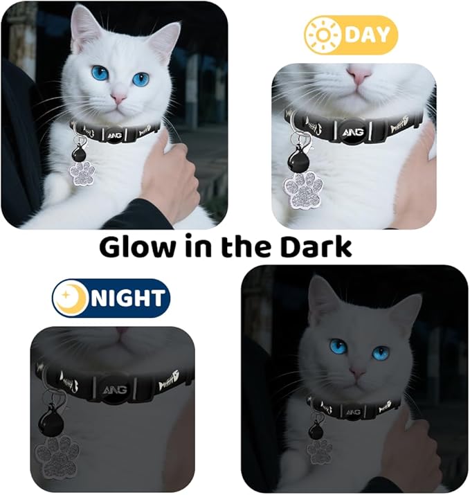 Personalized Breakaway Cat Collars Glow-in-The-Dark with ID Tag, Bell - Safety Quick - Release, Customizable for Female Male Kittens & Cats (Black)-Mewly Pet