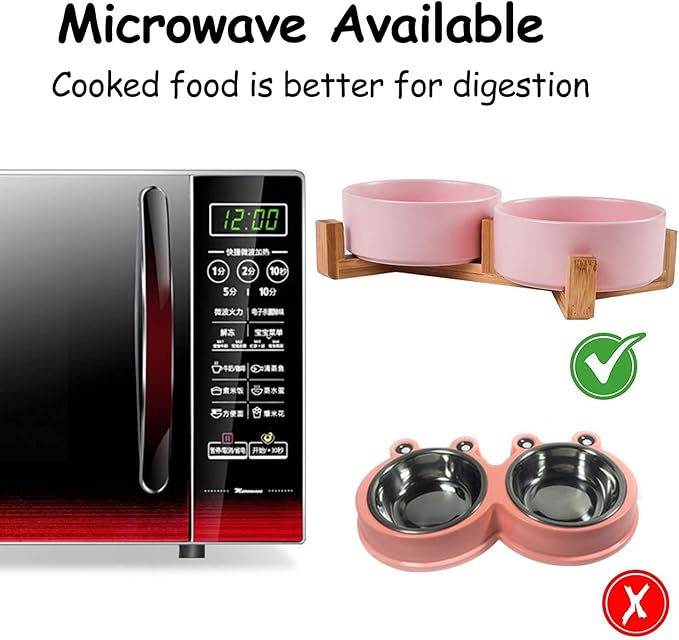 Petygooing Ceramic Cat Dog Bowl Set with Stand,Pink Pet Food and Water Dish,Small Dog Bowls Anti Slip Set of 2 Cat Bowls Pet Food Dishes Pet Bowl Small Size Pet (13.5OZ/5.1 in)-Mewly Pet