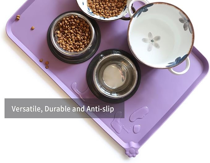 Hoki Found Large High-Sided Silicone Pet Food Tray - Non-Slip Bowls Placemat - Dog and Cat Feeding Mat - Waterproof - Amethyst-Mewly Pet
