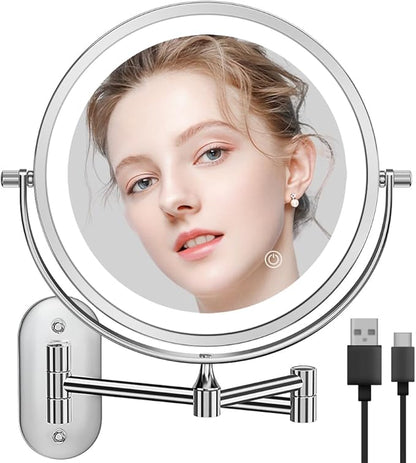 Auxmir Rechargeable Wall Mounted Lighted Makeup Mirror, 8" Double Sided 1X/10X Magnifying Vanity Mirror, 3 Color Lights Touch Dimmable Bathroom Cosmetic with 360° Swivel 13 Inch Extendable Arm, Chrome