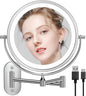 Auxmir Rechargeable Wall Mounted Lighted Makeup Mirror, 8" Double Sided 1X/10X Magnifying Vanity Mirror, 3 Color Lights Touch Dimmable Bathroom Cosmetic with 360° Swivel 13 Inch Extendable Arm, Chrome