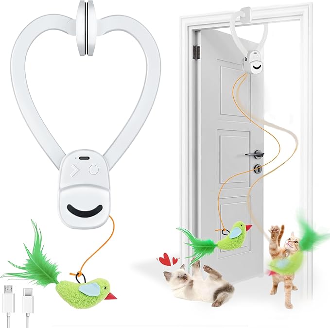 Interactive Cat Toys for Indoor Cats Automatic Electric Flying Bird Feather Wand Toy - Best Kitten & Adult Cat Enrichment Stimulation Toy Hanging Electric Kitty Toys for Bored Cats（White）-Mewly Pet