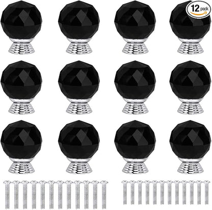12 Pcs 30mm Round Shape Crystal Glass Cabinet Knobs with Screws Drawer Knob Pull Handle Used for Kitchen, Dresser, Door, Cupboard(Black)