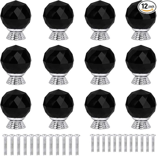 12 Pcs 30mm Round Shape Crystal Glass Cabinet Knobs with Screws Drawer Knob Pull Handle Used for Kitchen, Dresser, Door, Cupboard(Black)