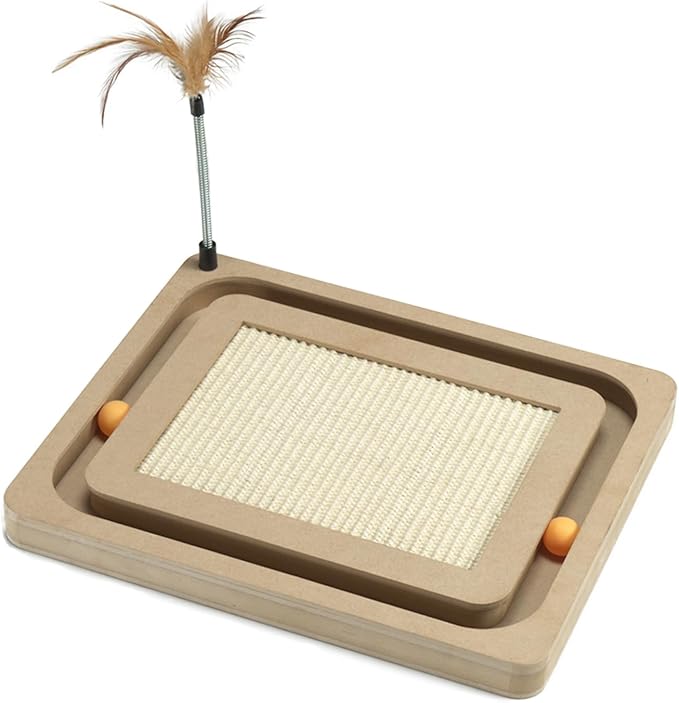 PEEKAB Cat Scratcher,Sisal Scratching Board with Track Ball Interactive Toy and Swing Feather Toys for Indoor Cats and Kittens,Large Heavy Durable-Mewly Pet