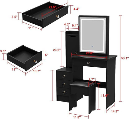 FAMAPY Vanity Mirror with Lights Desk and Chair, Vanity Desk with Sliding Lighted Mirror, Makeup Vanity with Lights, Drawers & Crystal Handles, Cushion Stool, Black