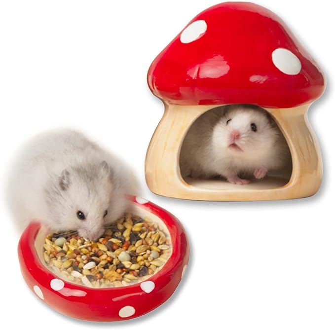 Ceramic Mushroom Guinea Pig House Hamster Hide Bed Includes Hamsters Food Bowl Guinea Pig Hideout for Hamster Chinchilla Hedgehog Rat Small Animals(Red Mushroom Set)-Mewly Pet