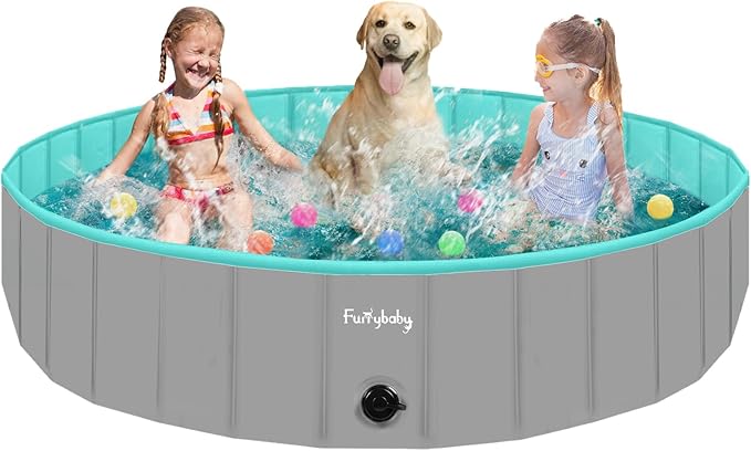 Furrybaby Dog Pool Foldable Dog Pools for Large Dogs with Hard Plate Collapsible Pet Bath Pool Kiddie Grey 63''-Mewly Pet