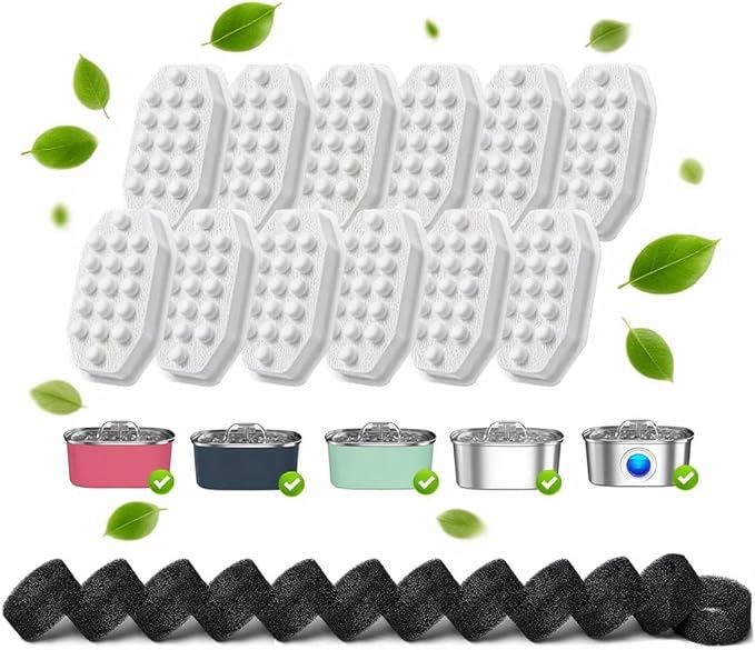 40 Pcs Cat Water Fountain Filters,20 Pack Cat Water Fountain Replacement Filters & 20 Pack Pre-Filter Sponges,Pet Fountain Filter Replacement for 3.2L/108oz Stainless Steel Fountain-Mewly Pet