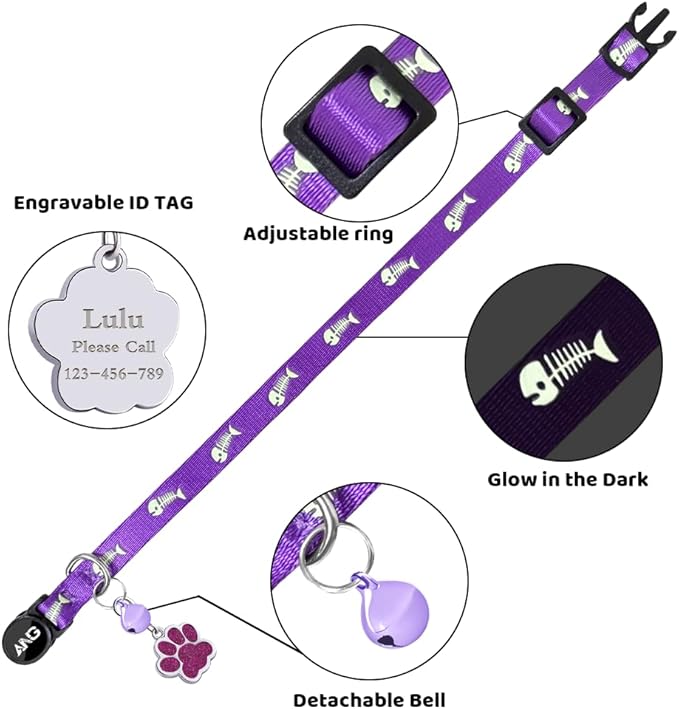 Personalized Breakaway Cat Collars Glow-in-The-Dark with ID Tag, Bell - Safety Quick - Release, Customizable for Female Male Kittens & Cats (Purple)-Mewly Pet